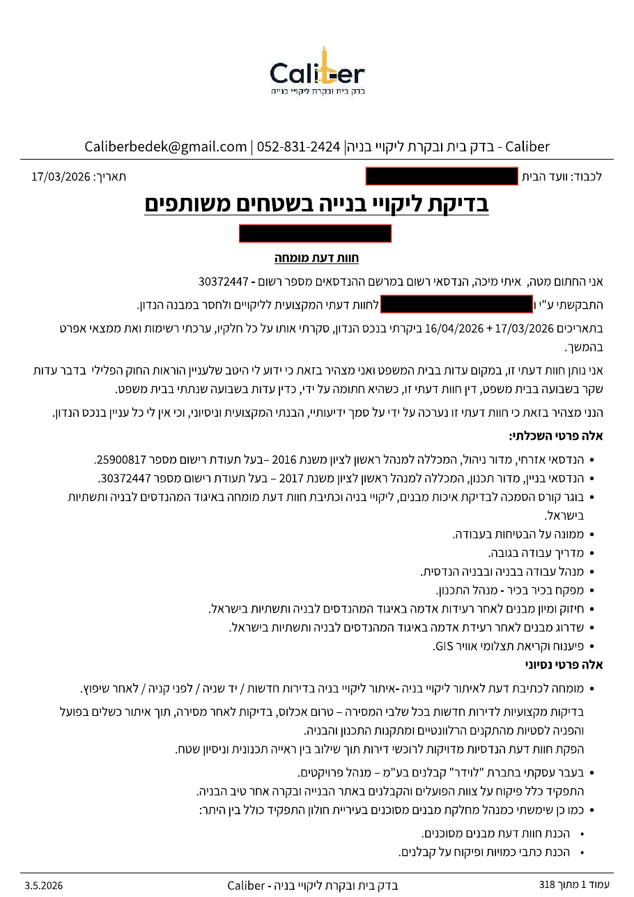עמוד השער של חוות דעת הנדסית לדוגמא של Caliber